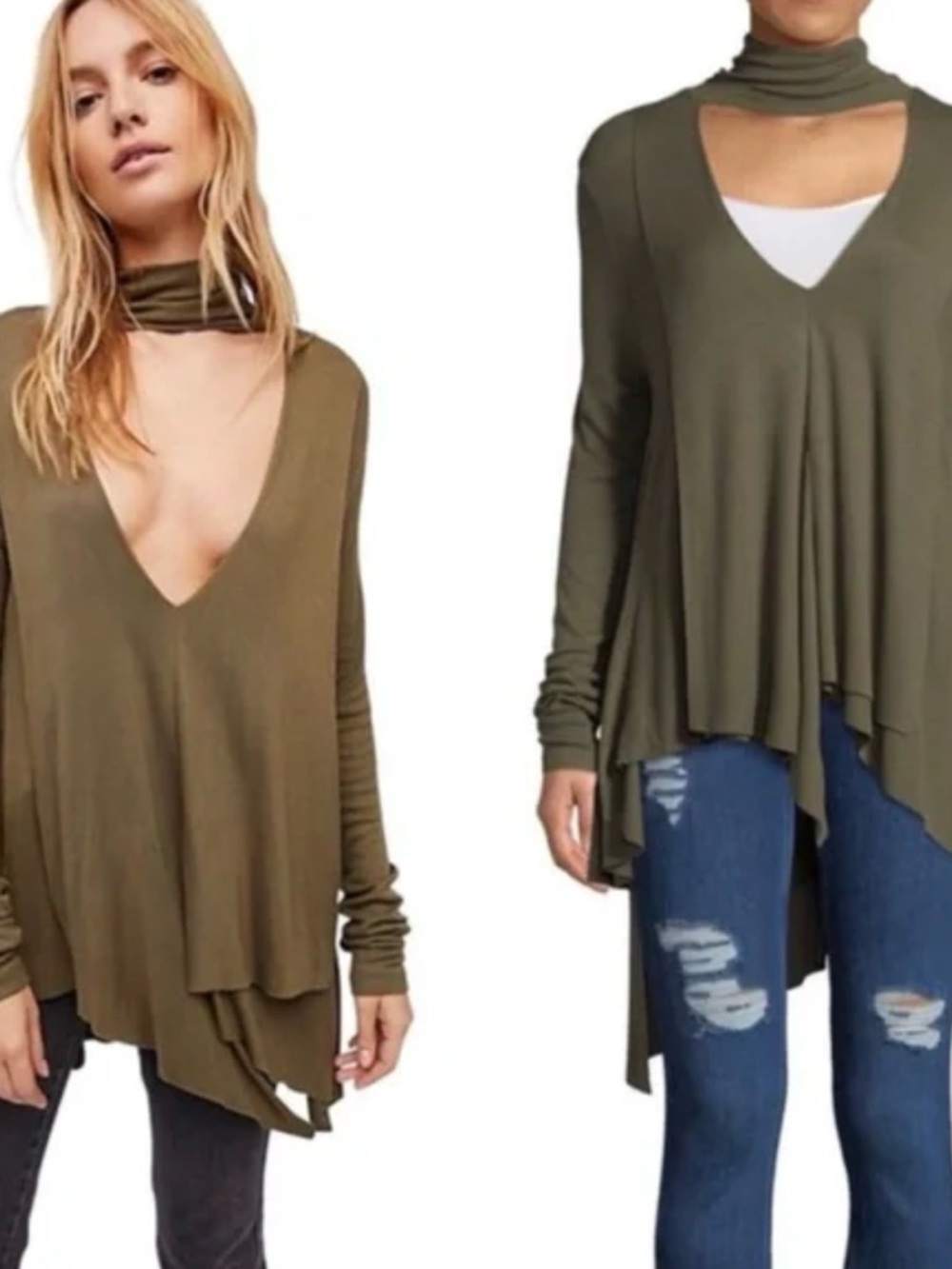 Free People Olive Green Asymmetrical Layered V-Neck Tunic